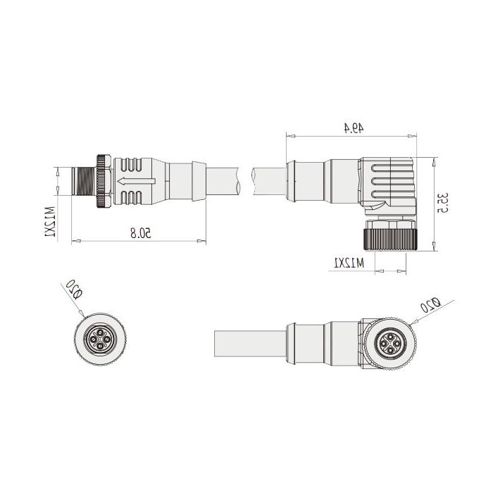 M12 4Pin S-coded、母头90°转公头直型、双端预铸PVC非柔性电缆、灰色护套、64SD41-XXX