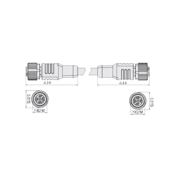 M12 4Pin D-coded、母头直型转母头直型、双端预铸PVC非柔性电缆、带屏蔽、灰色护套、64DD67-XXX